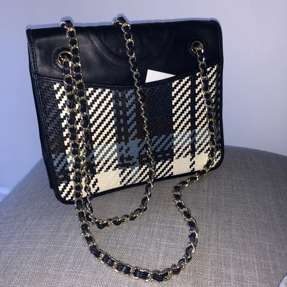 Tory Burch Navy Blue and White Woven Crossbody Bag